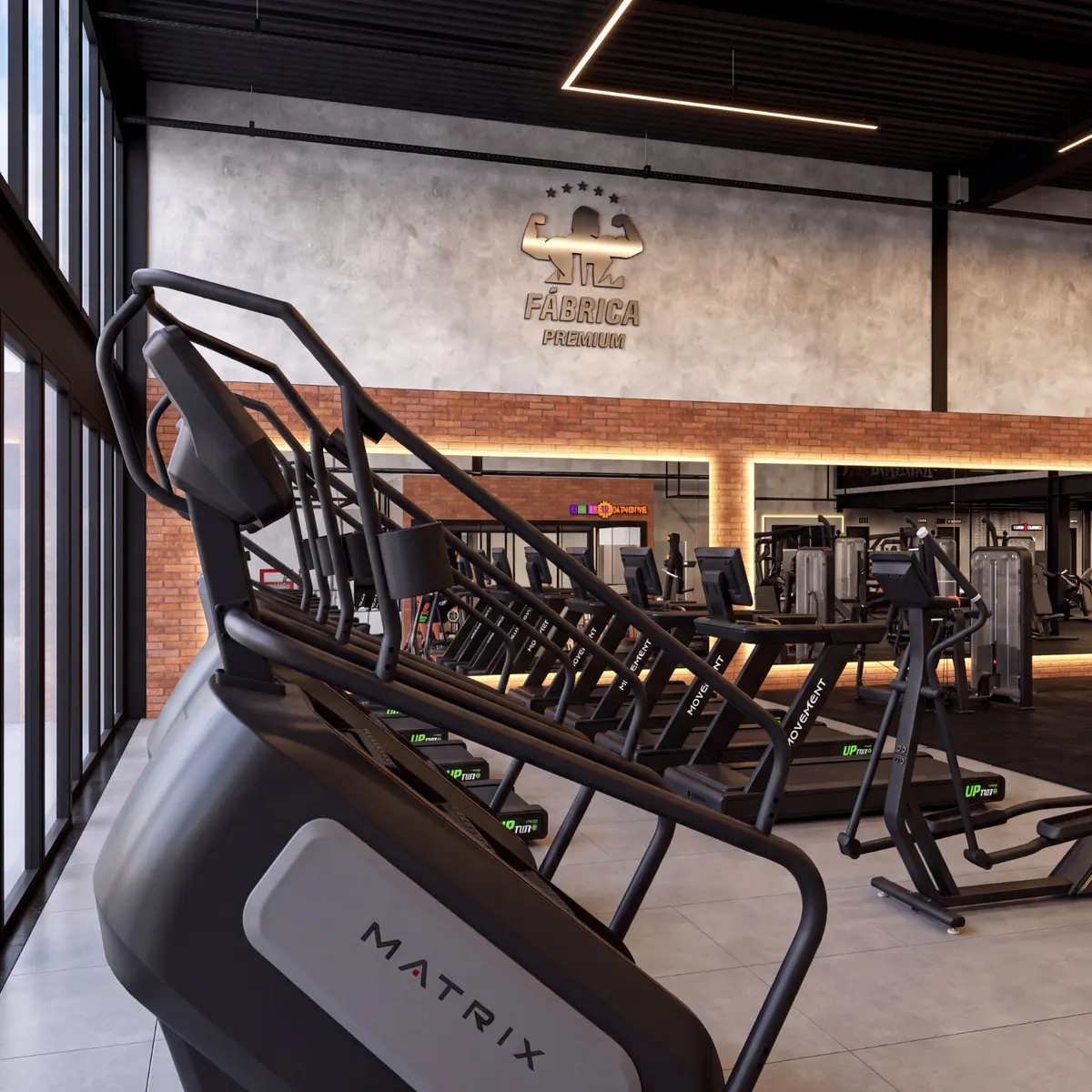 Área de cardio com escada e esteiras